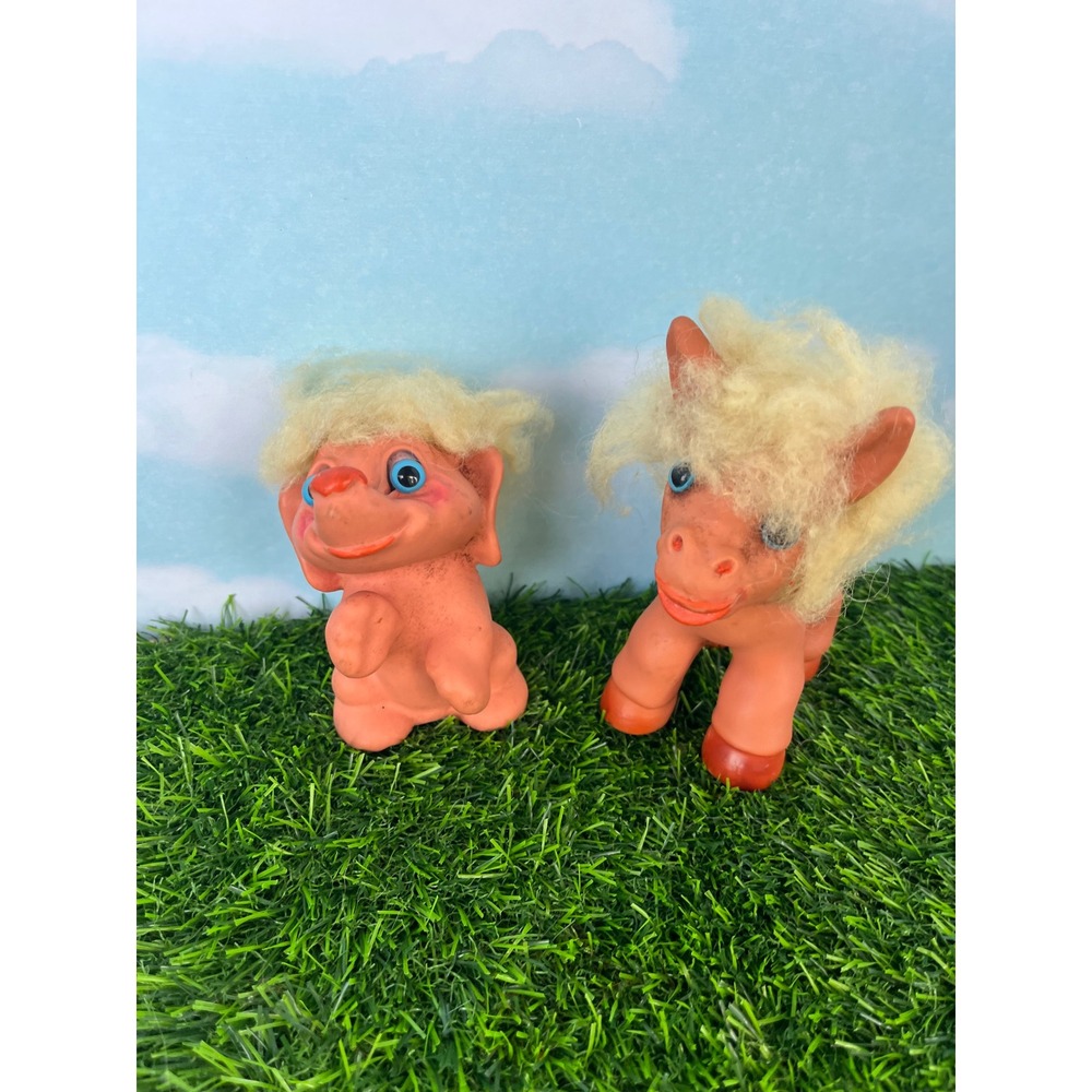 Vintage Dam Troll Elephant & Horse Figures Made in England Blonde Hair Blue Eye